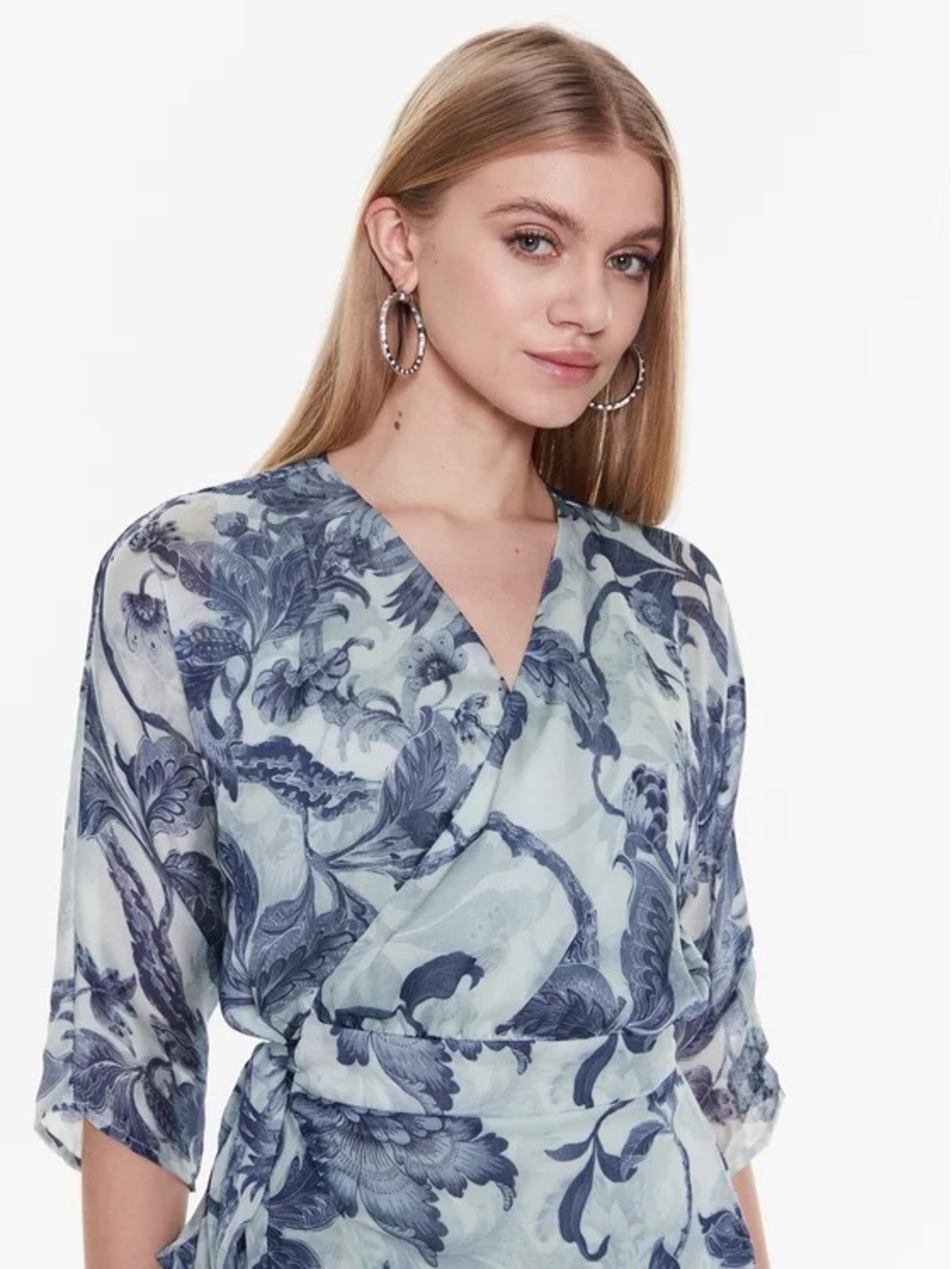 Guess Blue Floral A-line Warp Midi Dress Size Large - Picture 3 of 10